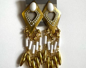 Vintage Gold Tone White Beaded Statement Dangle Earrings Boho Glam Maximalist