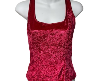 Vintage Victoria’s Secret Red Crushed Velvet Cami Tank Top S Corset Style Pleat
