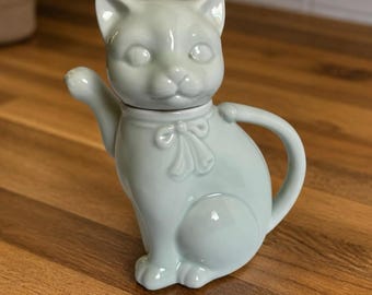Vtg Takahashi Japan Cat Ceramic Teapot Blue Celadon Cottagecore Country Kitty
