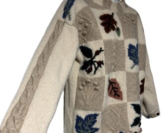 Suéter de tricô vintage Prides Landing Cream Wool 3D Leaf Leaves Botanical Cable L