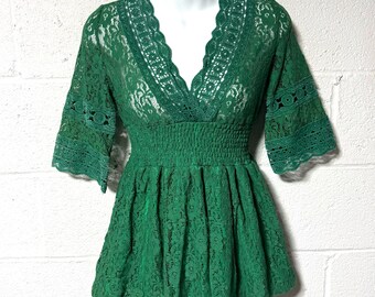 Abercrombie & Fitch Emerald Green Lace Babydoll Top L Y2K Fairy Empire Waist