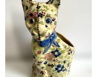 Vintage Japan Patchwork Kitty Cat Planter Folk Art Quilt Pattern Blue Eyes Vase