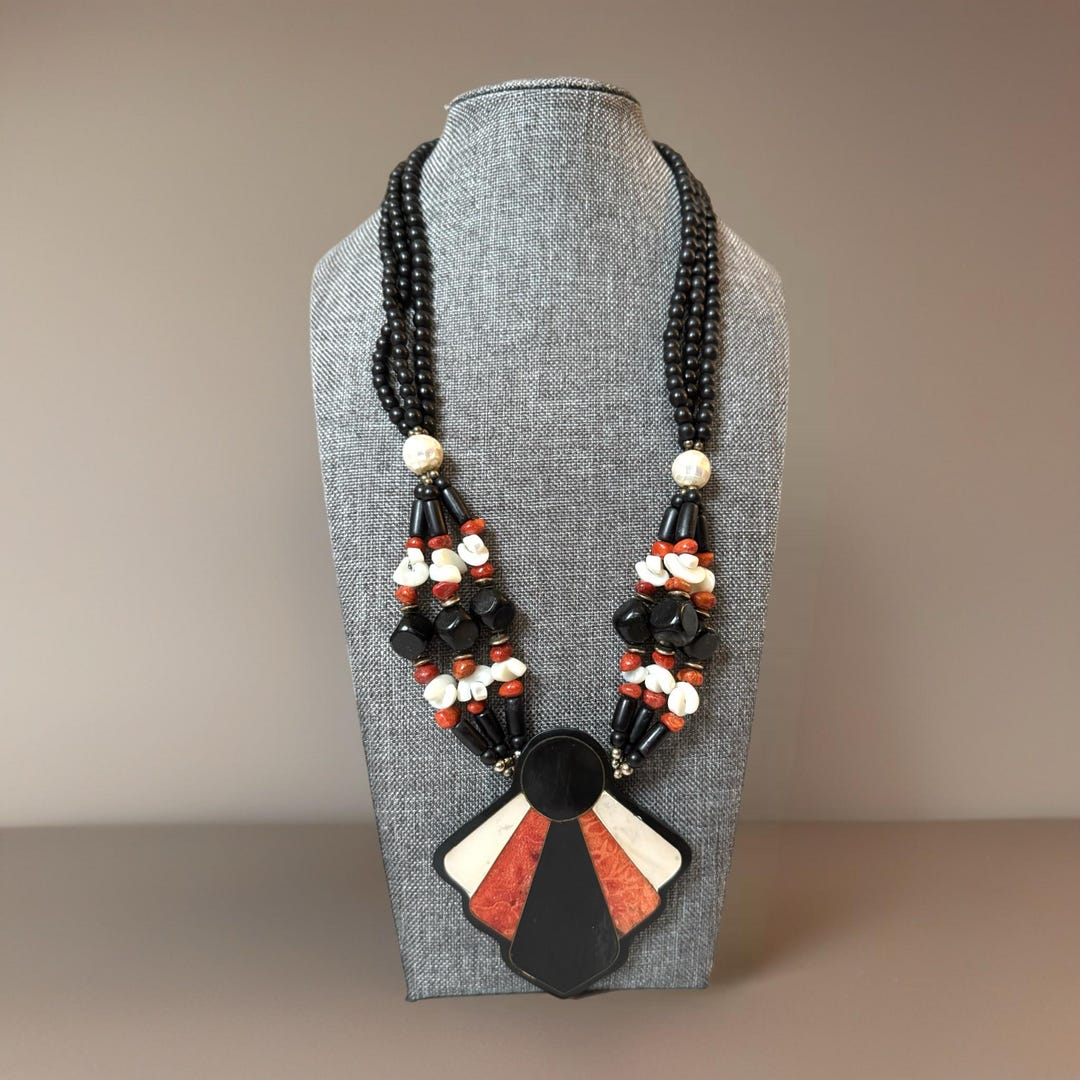 Shells Inlay Jewelry Vtg Art Deco Statement Shell Inlay Beaded Multi Strand Chunky Necklace ...