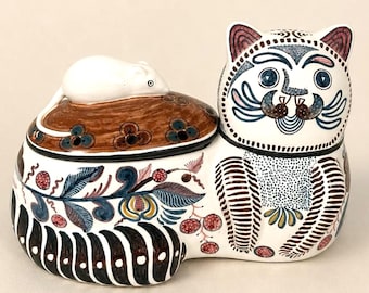 Vtg Estrela De Conimbriga Portuguese Cat Mouse Pottery Potpourri Cookie Jar Folk