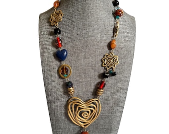 Vtg Chico’s Necklace Gold Spiral Heart Sun Boho Y2K Art Statement Beaded Artsy