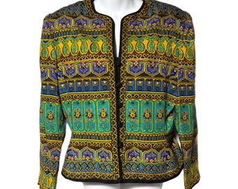 Vintage Adrianna Papell 100% Silk Colorful Baroque Boxy Cropped Blazer Jacket 12