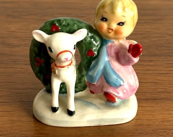 Vtg Napco Christmas Joy Angel Girl Lamb Wreath Figurine Japan Kitsch Christmas