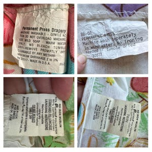 May include: A white fabric label with black text that reads "Permanent Press Drapery" and includes washing instructions. The label is attached to a white fabric with a colorful floral pattern.