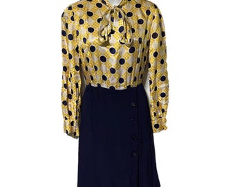 Vintage 60’s A.S. Costumes Union Made Polka Dot Secretary Dress S Yellow Navy