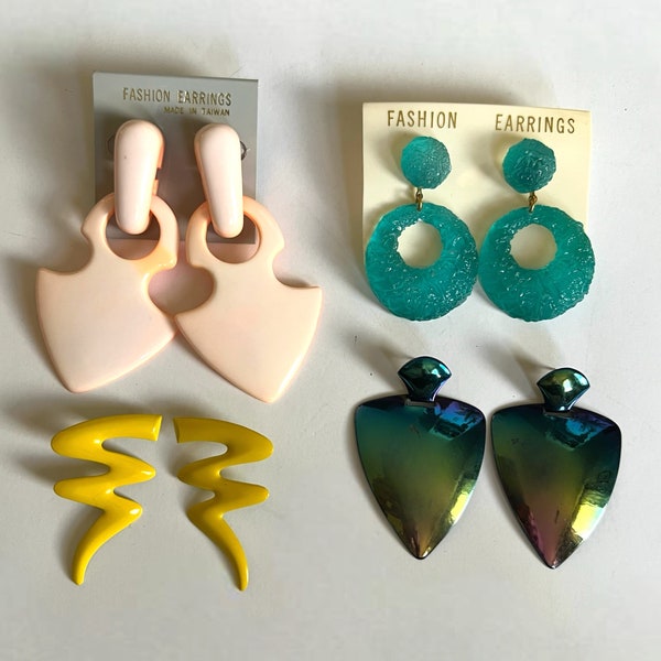 Vintage Lot 80’s Chunky Mod New Wave Pierced Earrings Neon Metal Lucite Acrylic