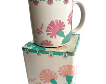 Vtg Mamo Howell Mamo’s Flowers Mug Cup with Original Box Pink Teal Aloha Hawaii