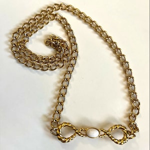 Vintage Monet Chunky Gold Chain Costume Statement Long Necklace White Cabochon