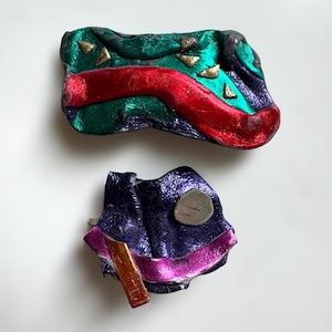 Vintage Set of 2 Metallic Artsy Handmade Fimo Polymer Clay Pin Brooches New Wave