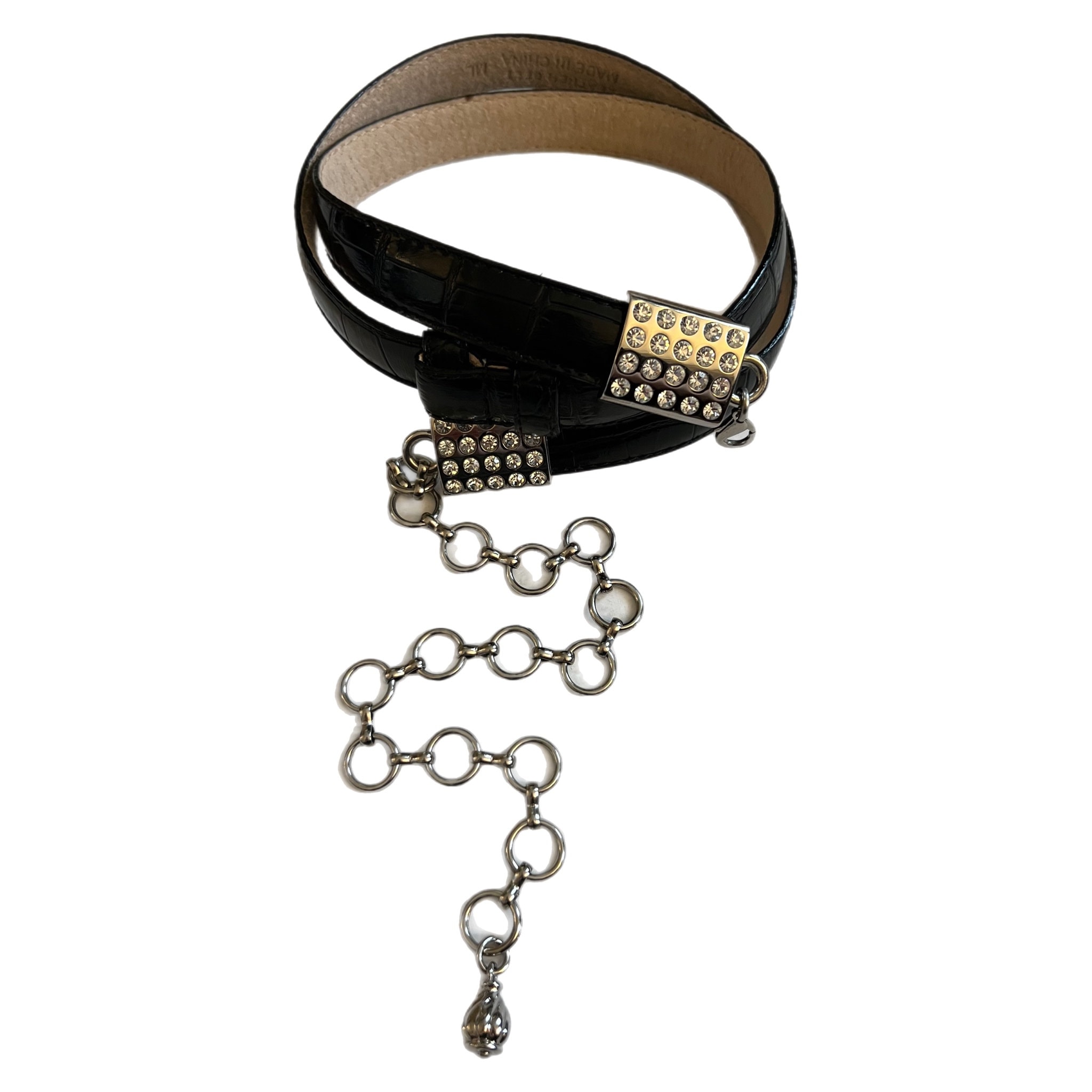 Vintage Black Mock Croc Leather Silver Tone Rhinestone Metal  display picture 3
