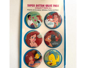 Vintage Disney The Little Mermaid Super Button Pack of 6 Pins Sealed