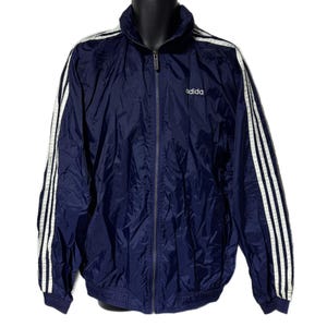 Vintage Adidas Navy Blue 3 Stripe Spell Out Zip Up Windbreaker Jacket Large