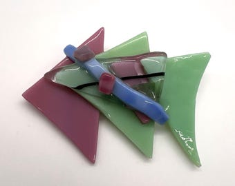 Vintage Fused Art Glass Modernist Abstract Geometric Pink Green Pin Brooch Fish