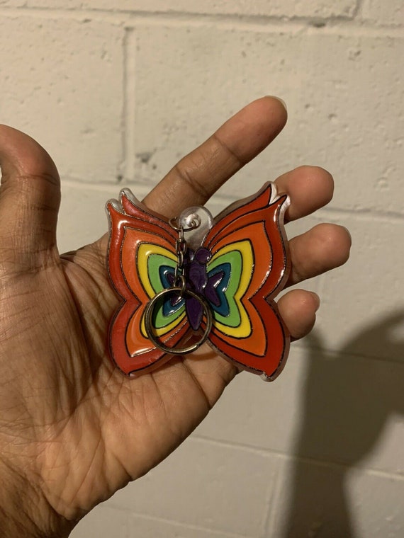 Vintage 70s 80s Rainbow Butterfly Plastic Keychain - image 3