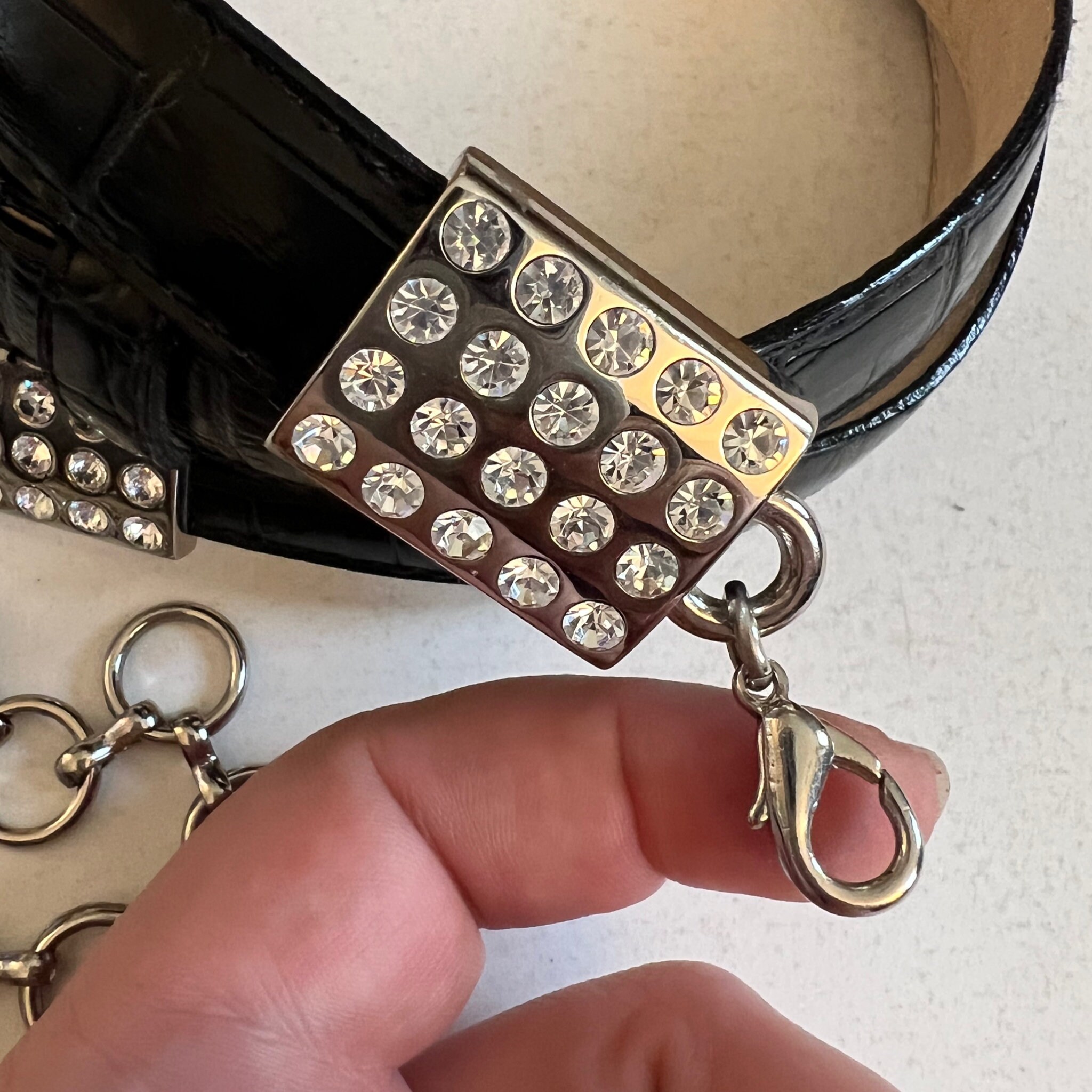 Vintage Black Faux Croc Silver‎ Link Chain Belt Western Rodeo Festival Glam 32 Black Western-style faux leather belt with double chains main image 4