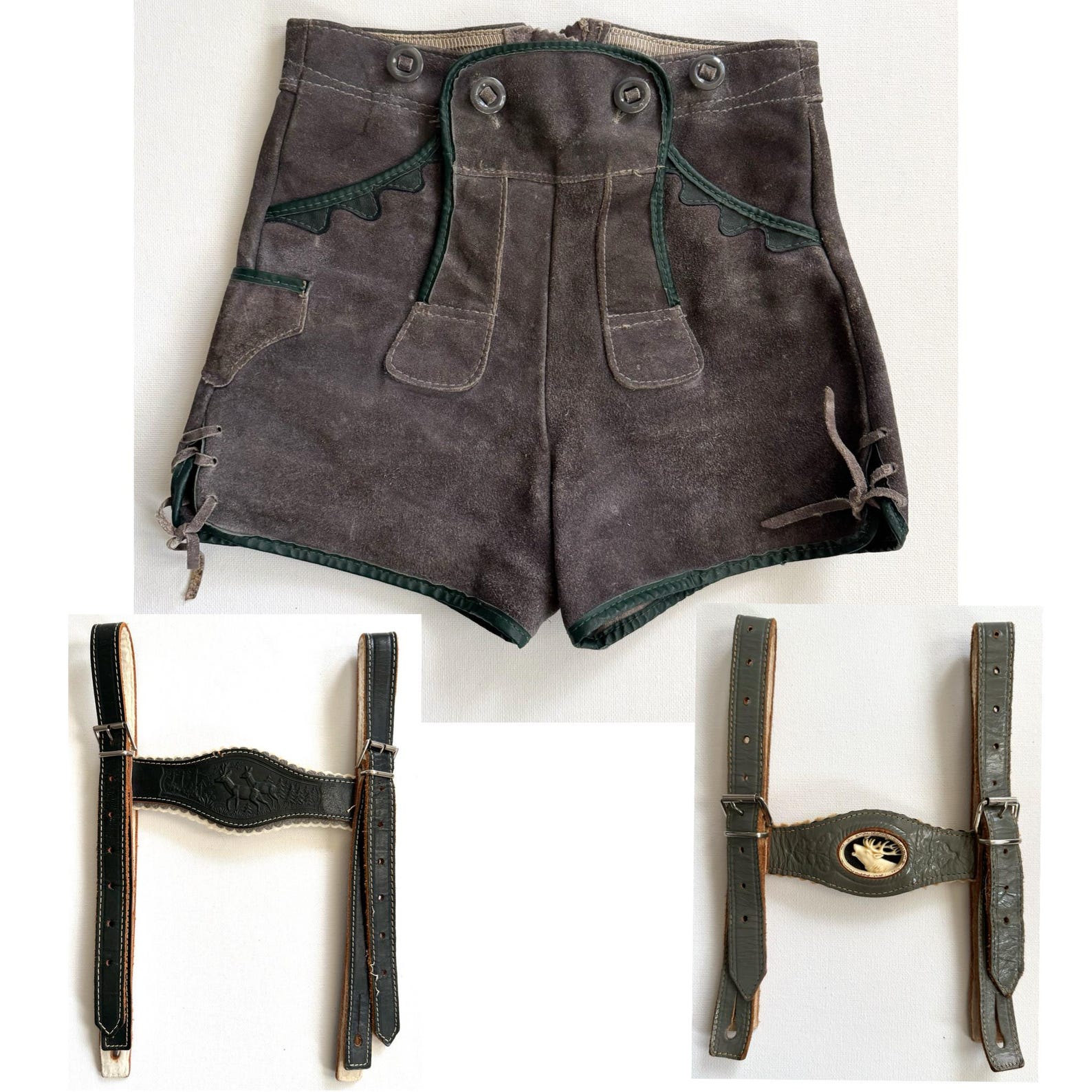 Vtg Children’s Lederhosen Leather Shorts & Suspenders Lot S Oktoberfest German
