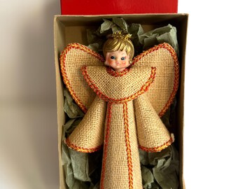 Vintage MCM Kitsch Gold Burlap Angel Tree Topper In Box 8”