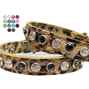 Leopard Print Leather Dog Collars with Crystal Bling, Leopard Print Cat Collars, Crystal Rhinestones