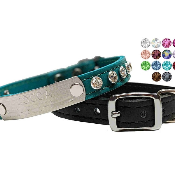 Leren honden- of kattenhalsband met naamplaatje en Crystal Bling | Gepersonaliseerde hondenhalsband voor kleine honden | Gewoonte