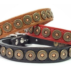 Leather Dog Collars with Shotgun Shell Bullet Studs | Small Dog Collars | Leather Cat Collars | Chihuahua Collar | Western | Leash available
