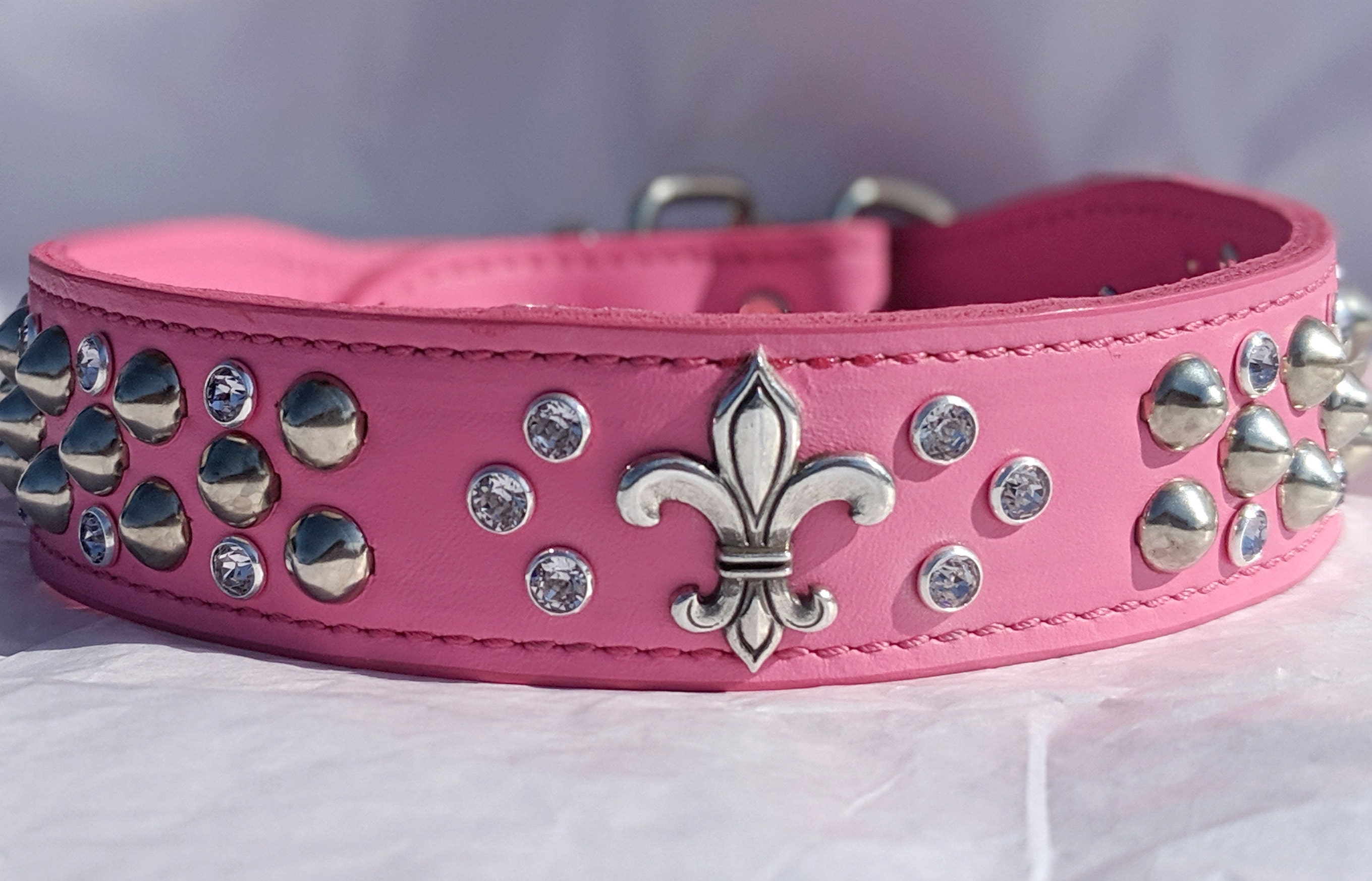 Fleur-de-lis Leather Dog Collar with Crystal Bling