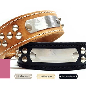 Leather Dog Collars with Nameplate and Studs, Wide Dog Collars, Brown, Black or Pink Leather