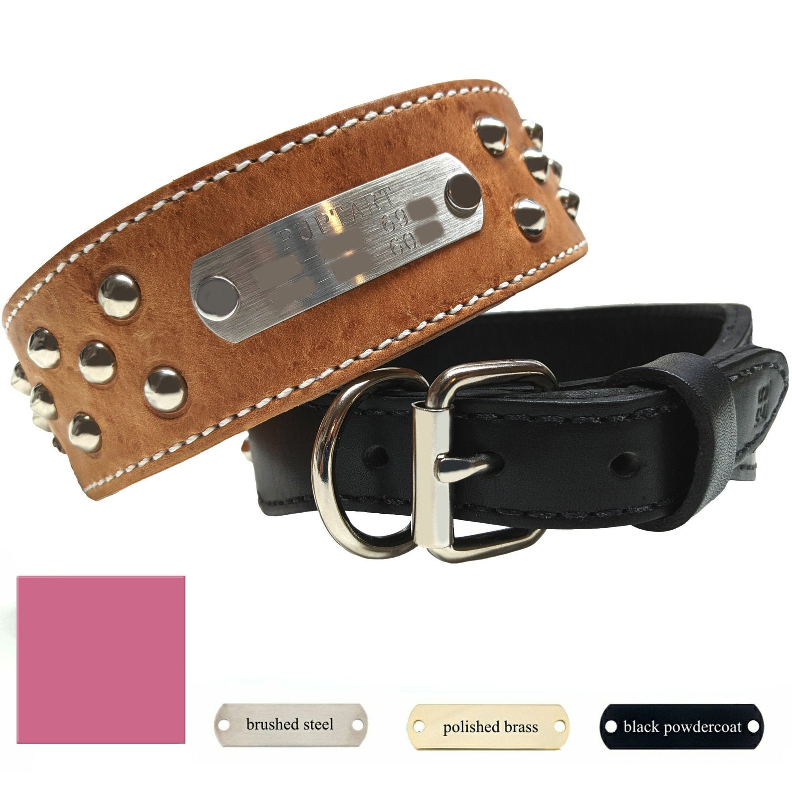 2 Wide Leather Dog Collars With Nameplate and Studs Etsy