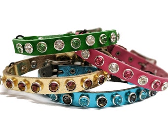 Leather Cat Safety Collars with Bell, Fancy, Breakaway  | Crystals Bling | Safety Stretch Leather Cat Collars