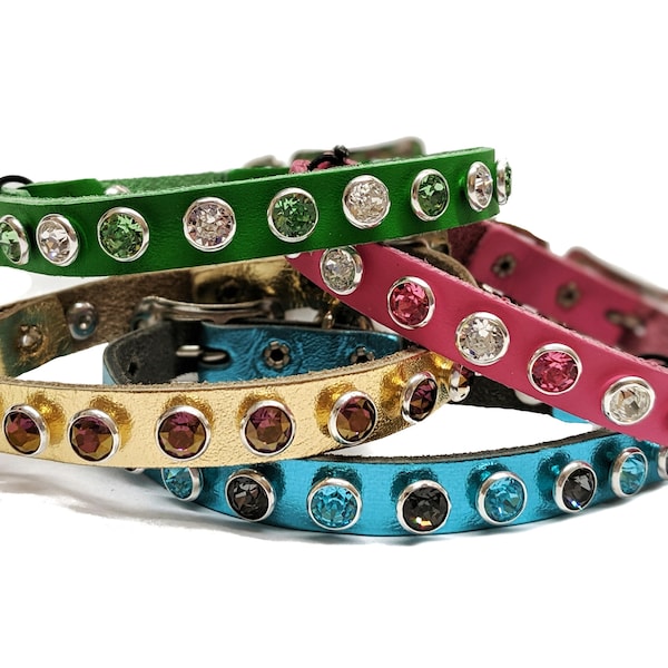 Leather Cat Safety Collars with Bell, Fancy, Breakaway  | Crystals Bling | Safety Stretch Leather Cat Collars