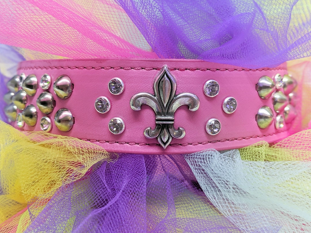 Fleurdelis Dog Collar With Crystals and Studs Mardi Gras Dog Collars