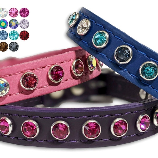 Custom Leather Small Dog Collars Cat Collars with Crystal Rhinestone Bling