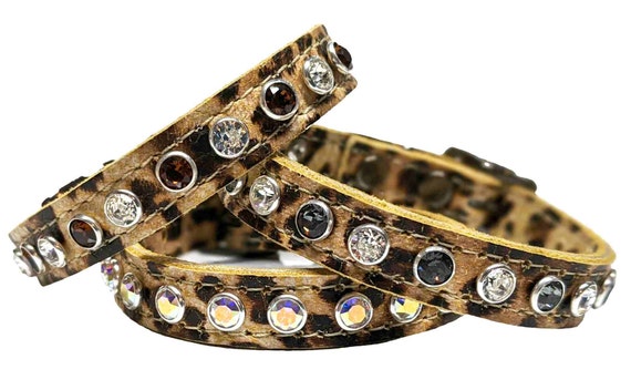 Leopard Print Leather Dog Collars with Crystal Bling, Leopard Print Cat Collars, Crystal Rhinestones