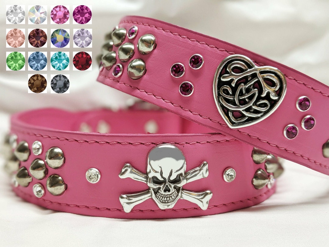 Leather Dog Collars With Studs and Crystal Rhinestone Bling Etsy