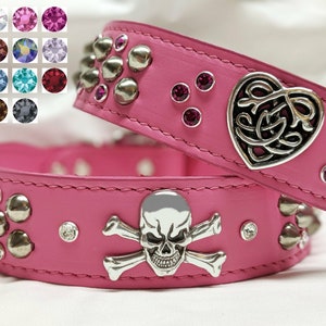 Pink Leather Dog Collars with Studs and Crystal Rhinestone Bling | Dog Collars with Crystals | Girl Dog Collars