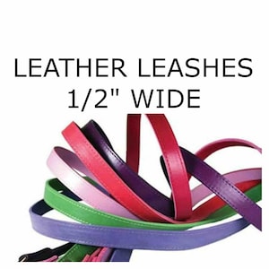 May include: Assortment of leather leashes in various colors, each 1/2 inch wide. The leashes are arranged in a circular pattern, showcasing their flexibility and durability.