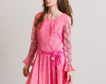 Size S • 1960s Bright Pink Drop Waist Lace Party Dress