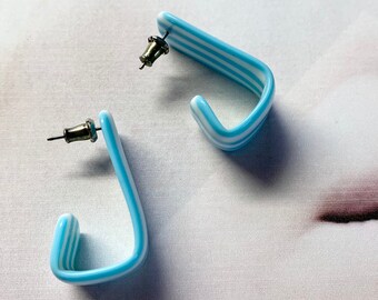 016 - 1980s Powder Blue Candy Striped Acrylic Stud Hook Earrings