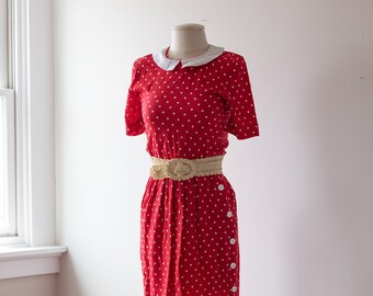 Size XS/S, 1980s Red Rayon Polka Dot Olive Oil Sailor Dress