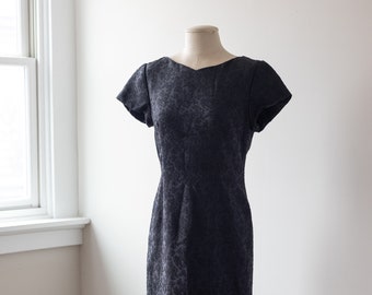 Size M • 1960s Black Floral Embroidered Lace Midi Sheath Dress