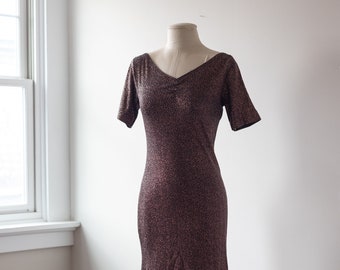 Size S/M, 1960s Flocked Glitter High-Low Handmade Stretch Evening Gown / DR77