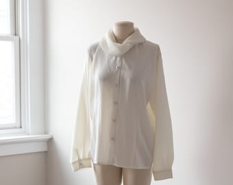 Size L, 1990s White Cowl Neck Button Down Long Sleeve Blouse