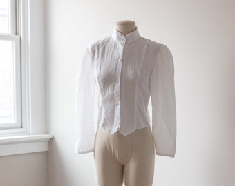 Size S/M, 1980s White Minimalist Long Sleeve Button Down Mandarin Collar Tuxedo Blouse