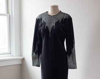 Size L, 1980s Black Long Sleeve Velour Body Con Dress w/Glittery Details