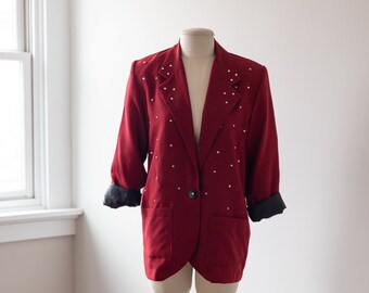 Size M/L, 1990s Red Houndstooth Blazer with Rhinestone Embellishment