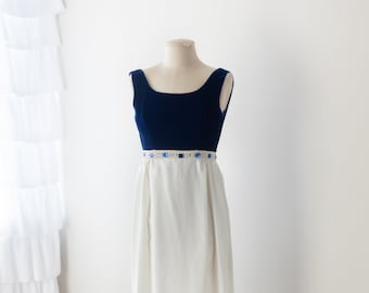 Size XS, 1960s Blue Velvet Color Block Evening Maxi Dress