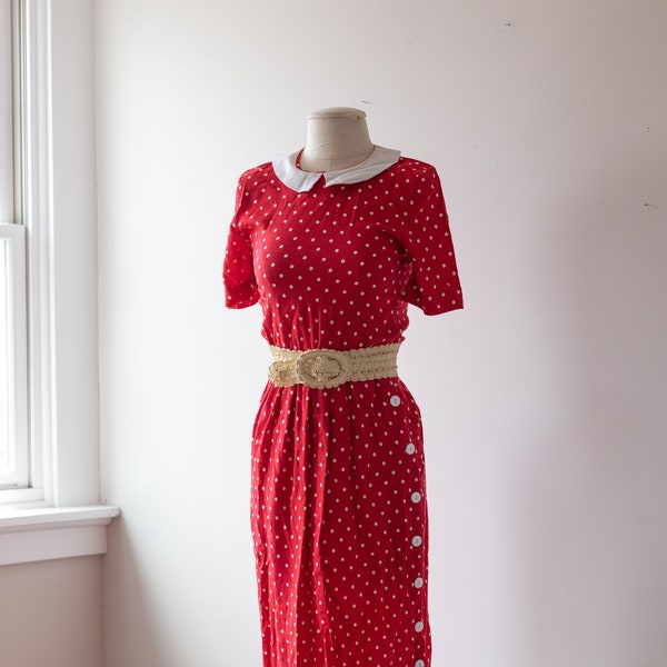 Size XS/S, 1980s Red Rayon Polka Dot Olive Oil Sailor Dress